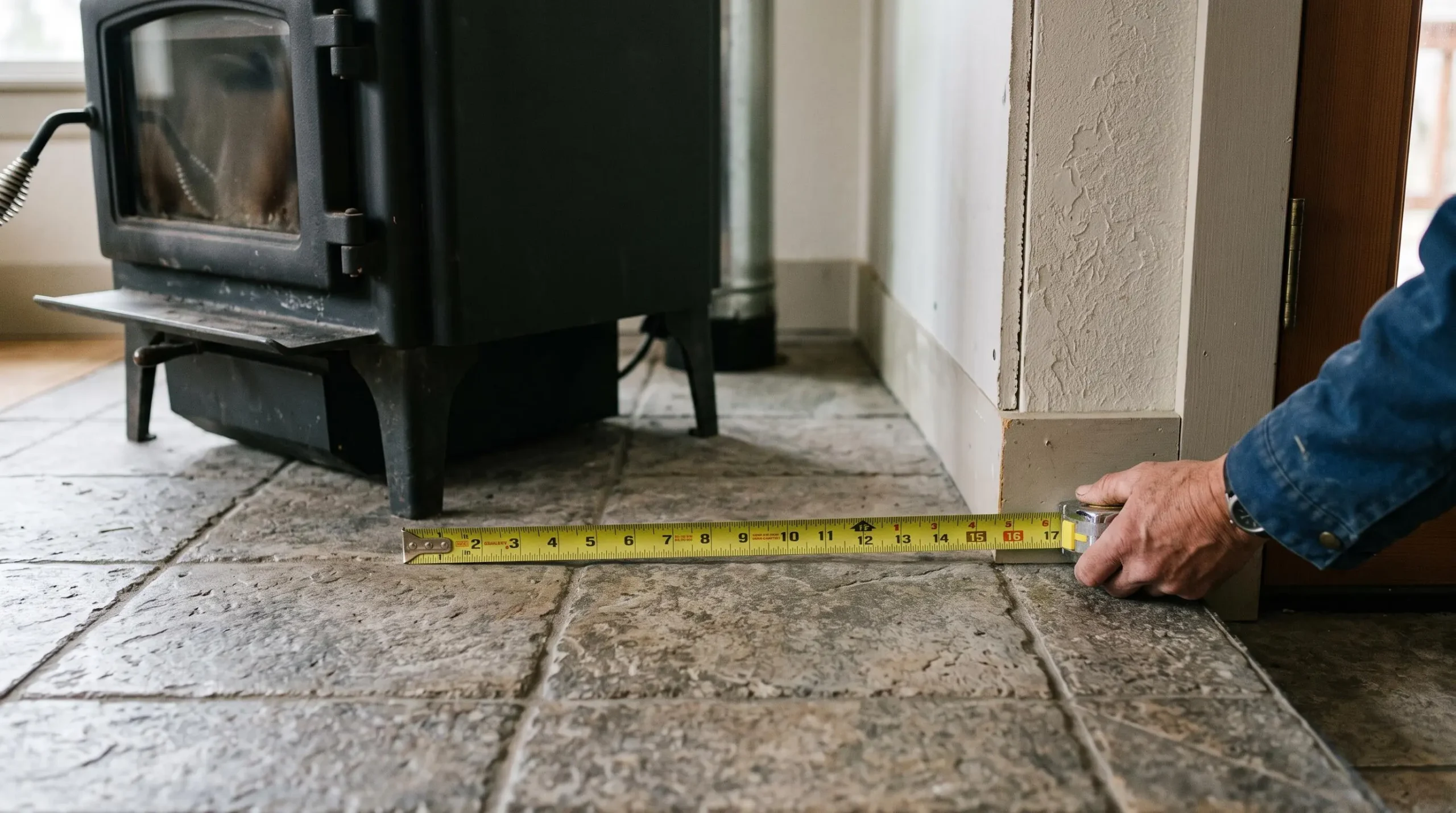 Un mètre ruban mesure la distance entre un poêle et un mur.