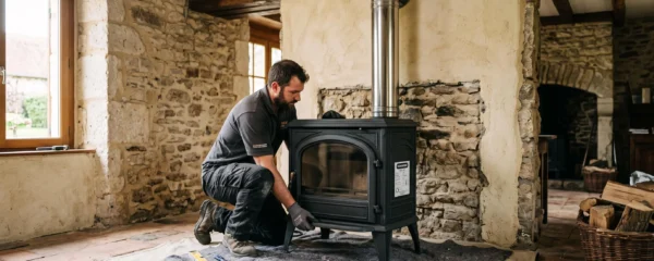 Un installateur positionne un poêle à bois devant un conduit de fumée tubé.