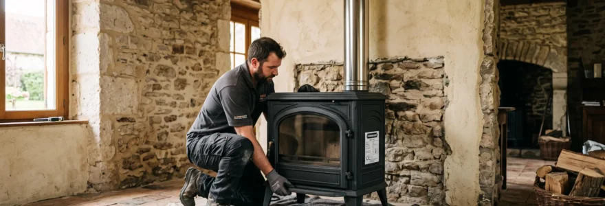 Un installateur positionne un poêle à bois devant un conduit de fumée tubé.