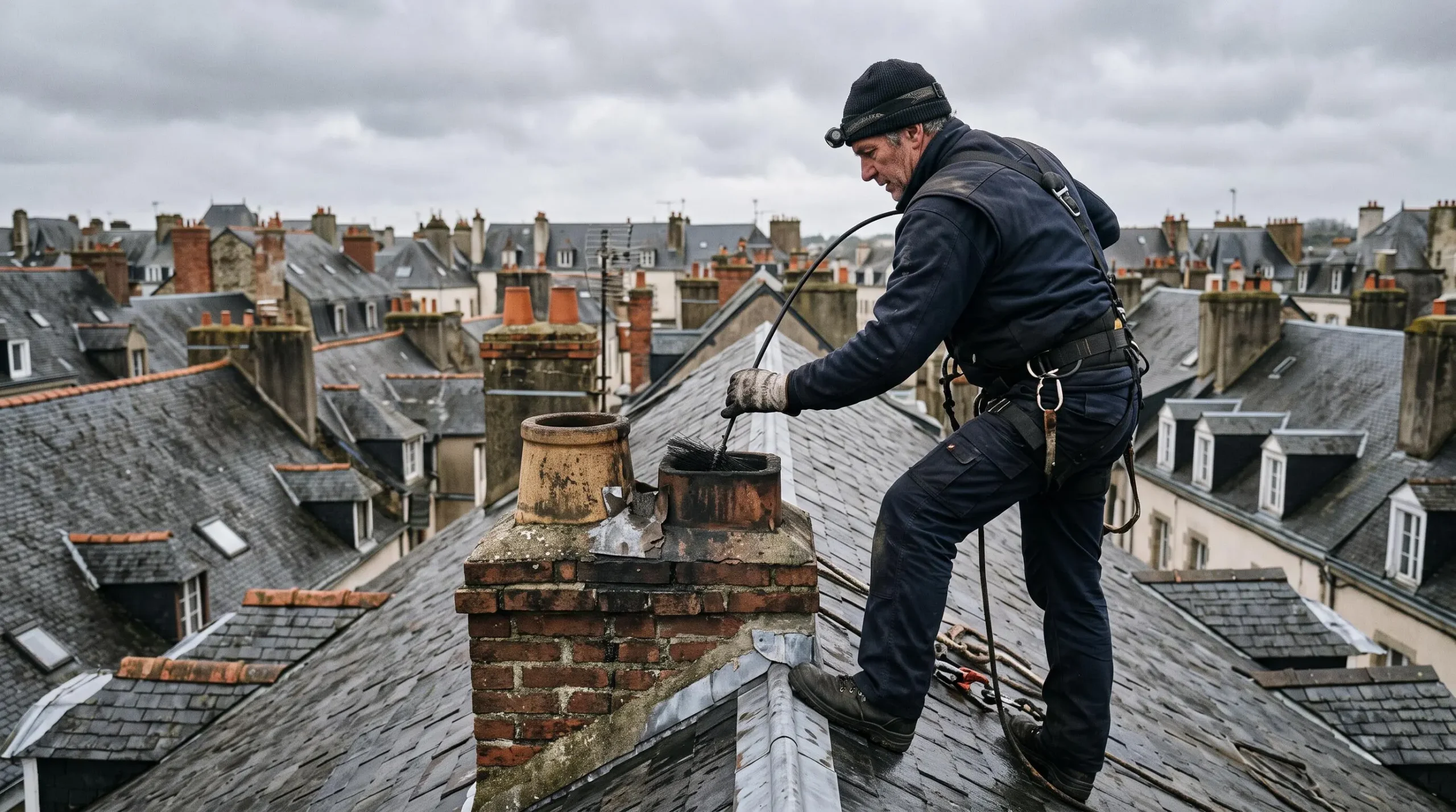 Un ramoneur brossent un conduit de cheminée depuis le toit d'une maison.